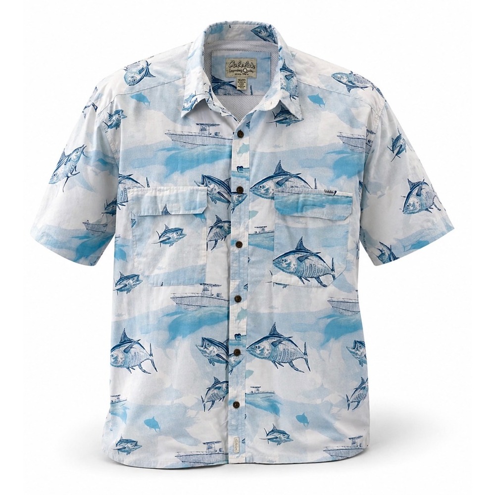 Cabelas Mens 2XL Fishing Shirt Blue White Tuna Boat Print Mesh Back